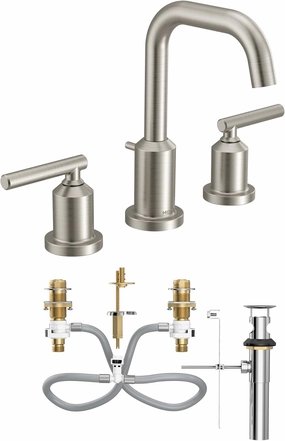 Moen Gibson Brushed Nickel Two-Handle High Arc Widespread Bathroom Sink Faucet for 3-Hole Setups with Valve Included, TV6142BN