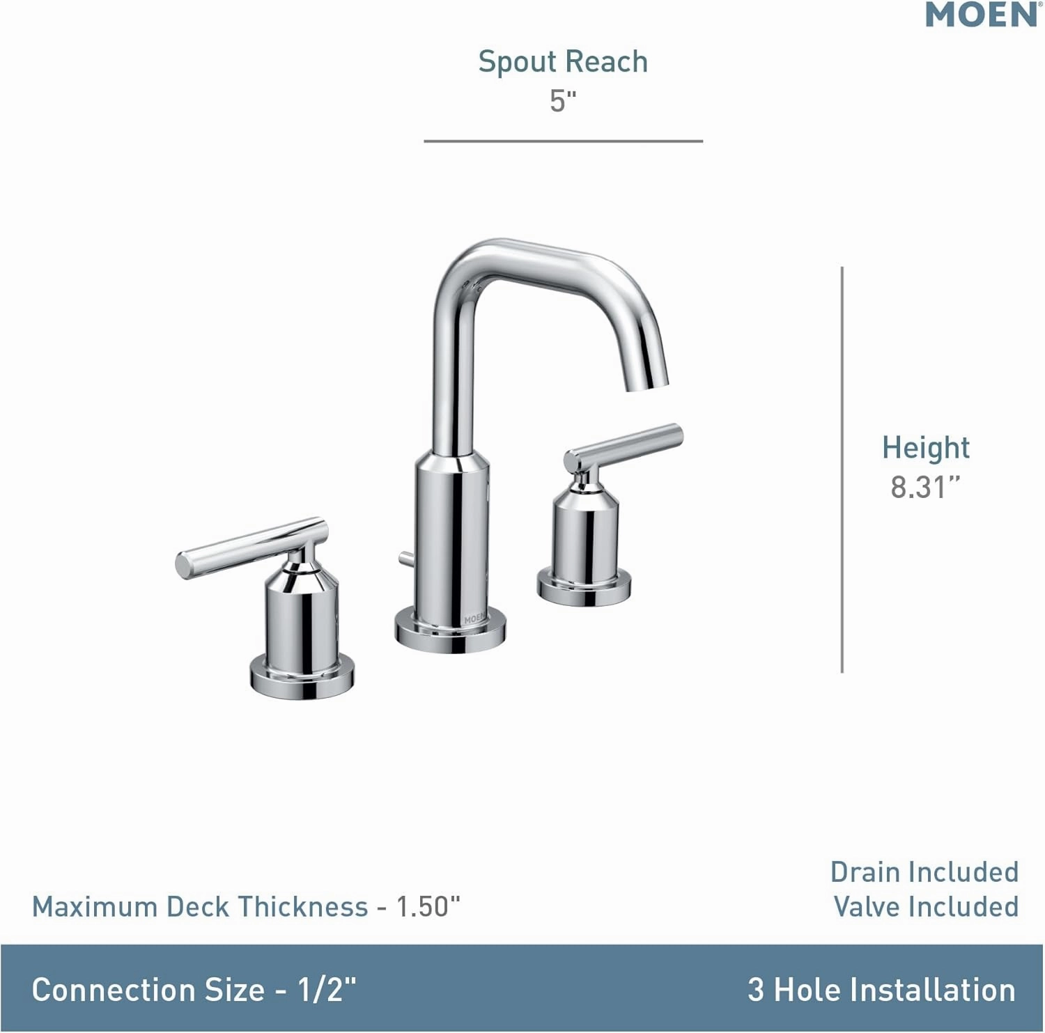 Moen Gibson Chrome Two-Handle High Arc Widespread Bathroom Sink Faucet for 3-Hole Setups with Valve Included, TV6142