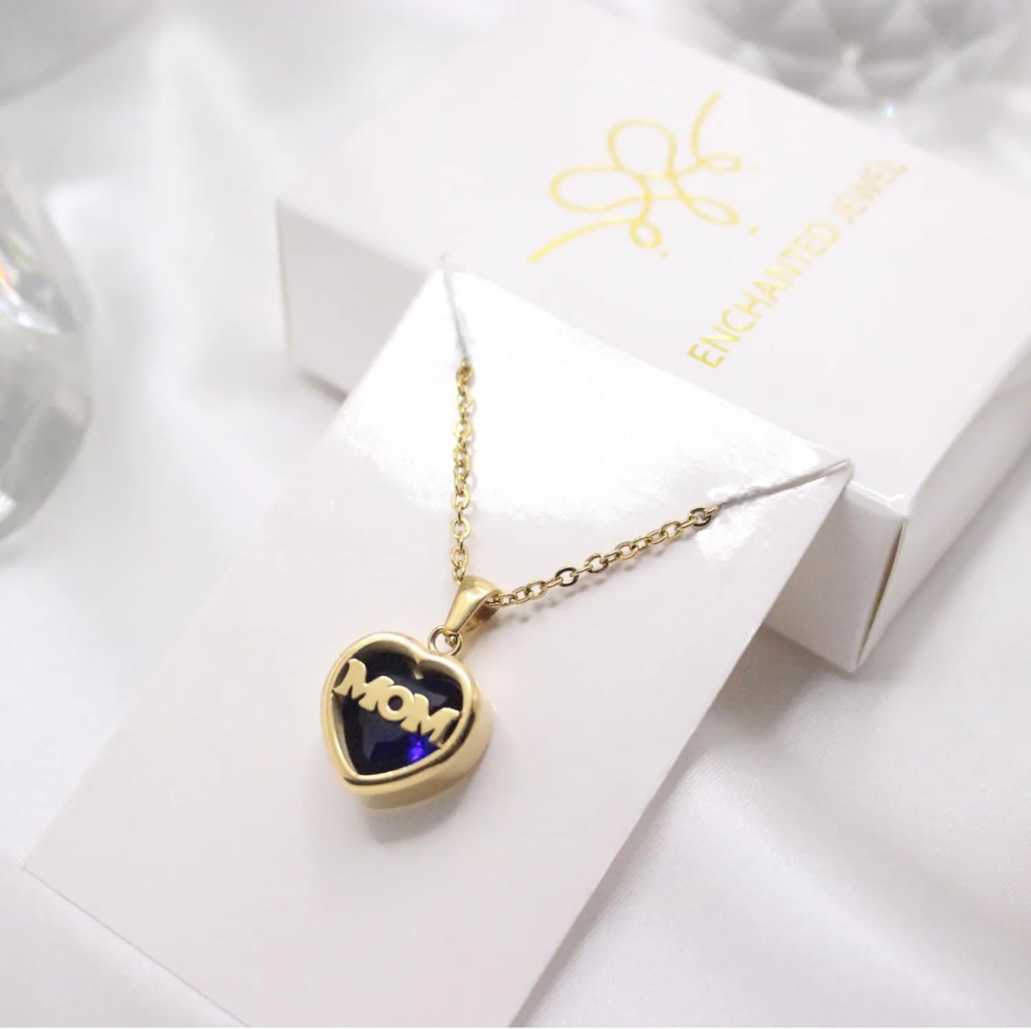 Mom Minimalist Heart Shape Titanium Steel Inlay Birthstone Pendant Necklace