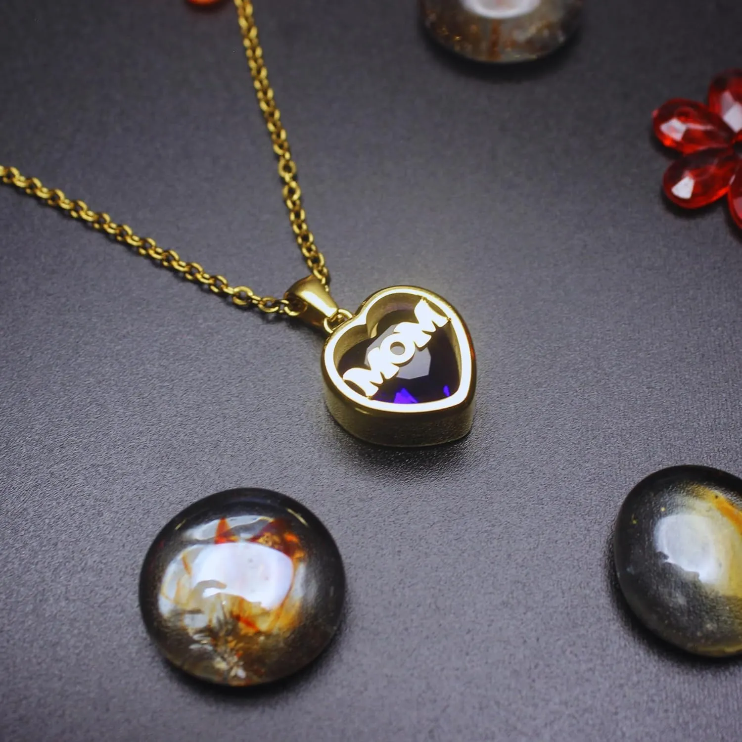 Mom Minimalist Heart Shape Titanium Steel Inlay Birthstone Pendant Necklace