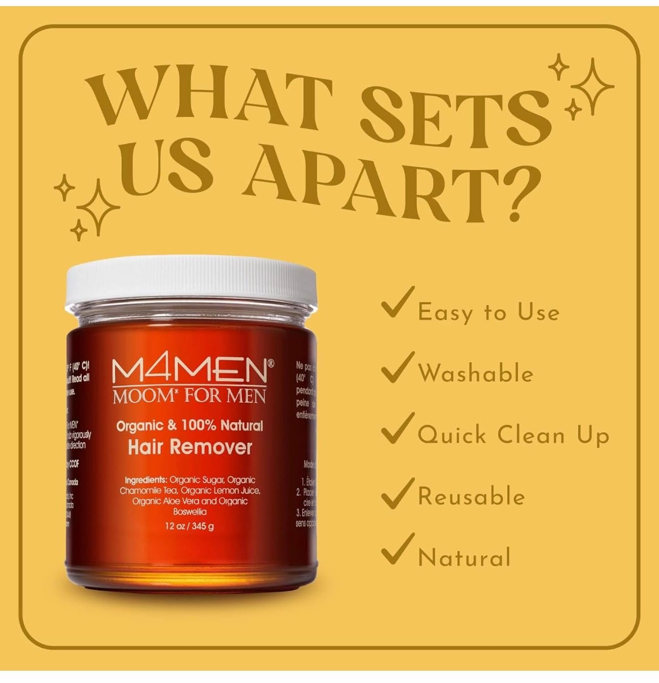 MOOM Organic Hair Removal Sugar Wax for Men with Aloe Vera & Chamomile – Soft Wax for Sensitive Skin & Men Hair - Perfect for Back, Chest, Eyebrow & Body - 12 oz Jar (Strips & Sticks NOT Included)