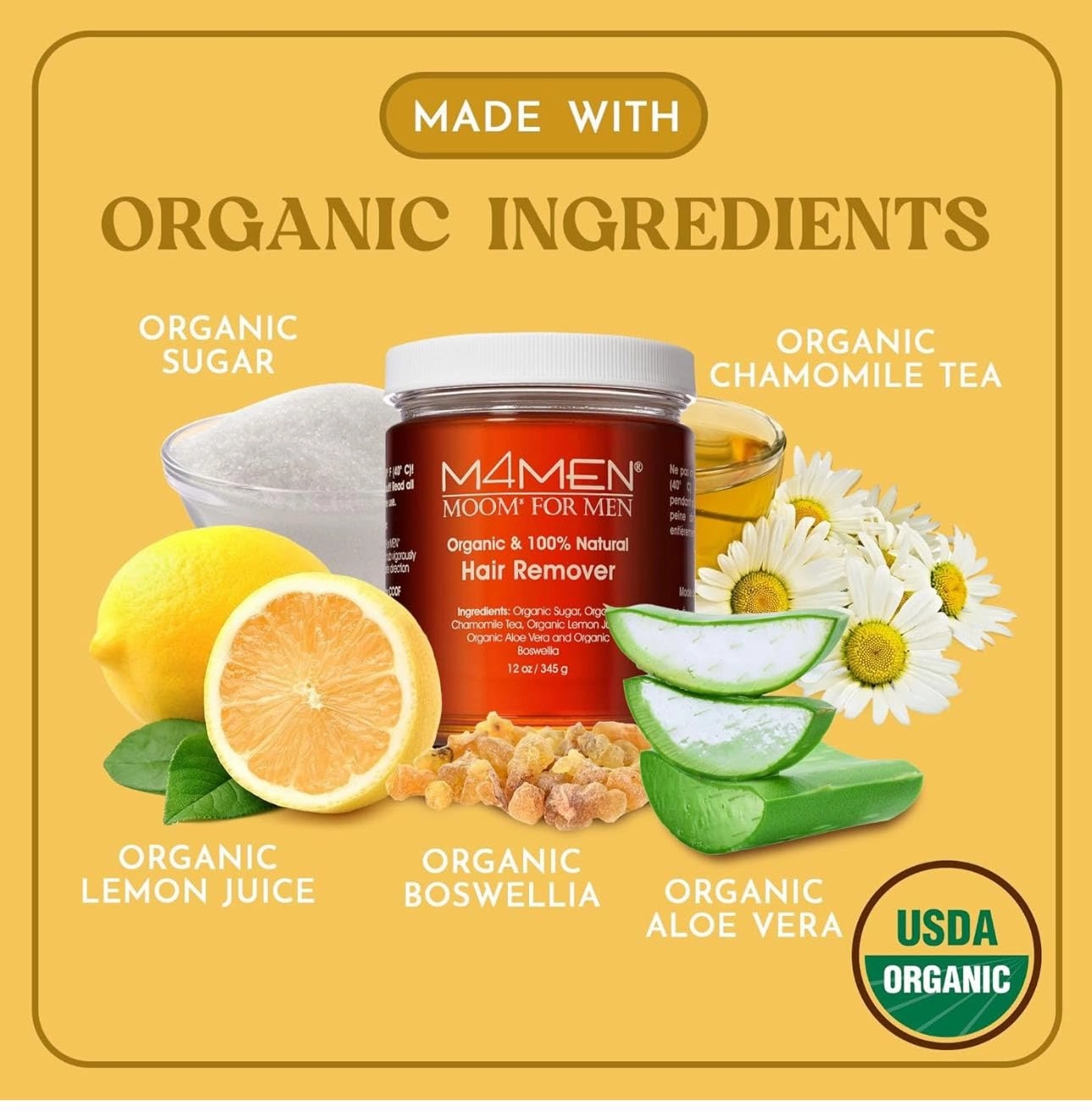MOOM Organic Hair Removal Sugar Wax for Men with Aloe Vera & Chamomile – Soft Wax for Sensitive Skin & Men Hair - Perfect for Back, Chest, Eyebrow & Body - 12 oz Jar (Strips & Sticks NOT Included)