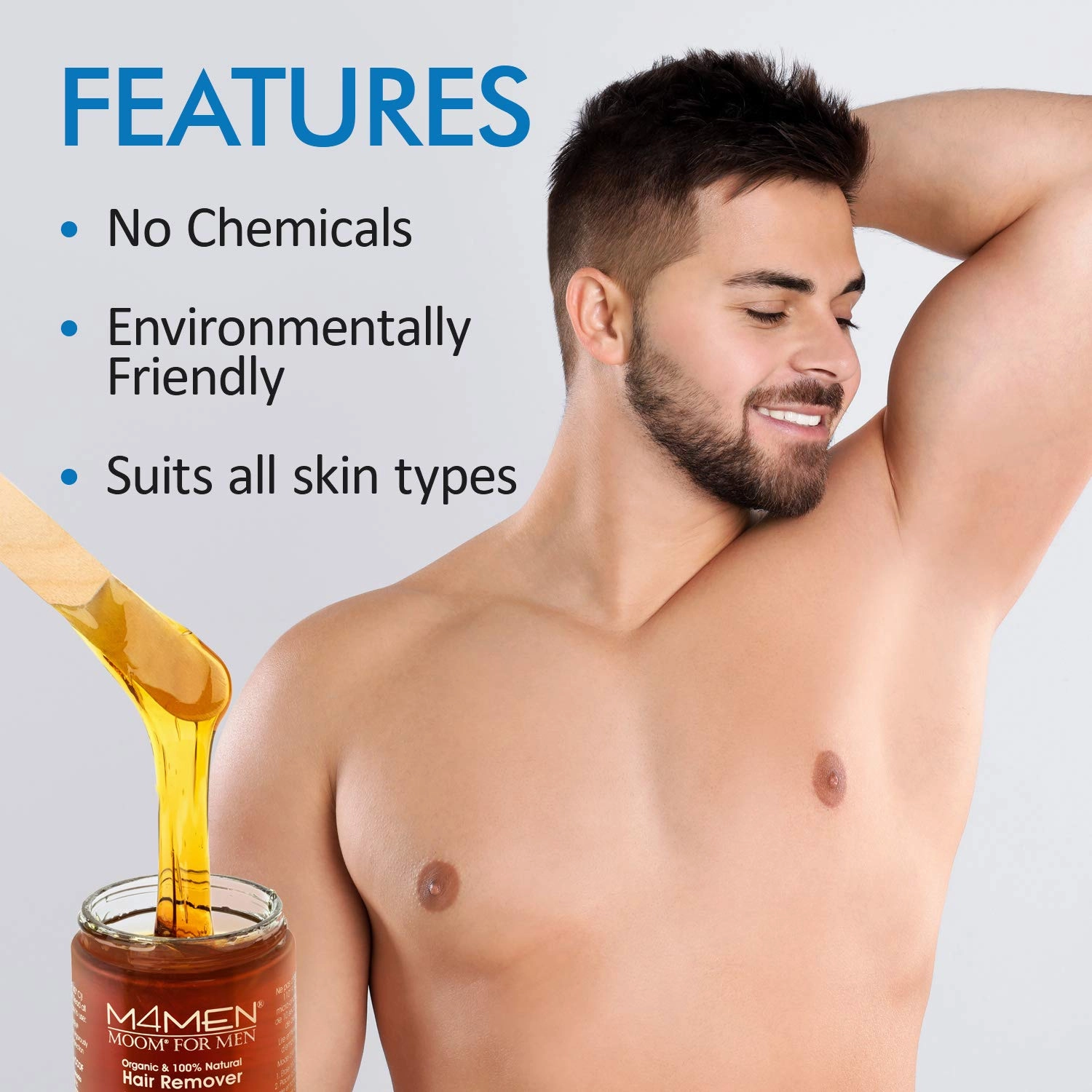 MOOM Organic Hair Removal Sugar Wax for Men with Aloe Vera & Chamomile – Soft Wax for Sensitive Skin & Men Hair - Perfect for Back, Chest, Eyebrow & Body - 6 oz