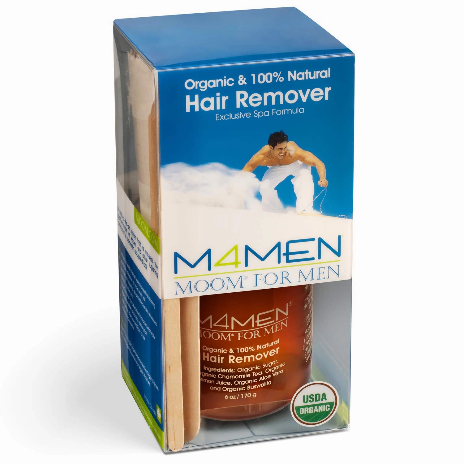 MOOM Organic Hair Removal Sugar Wax for Men with Aloe Vera & Chamomile – Soft Wax for Sensitive Skin & Men Hair - Perfect for Back, Chest, Eyebrow & Body - 6 oz