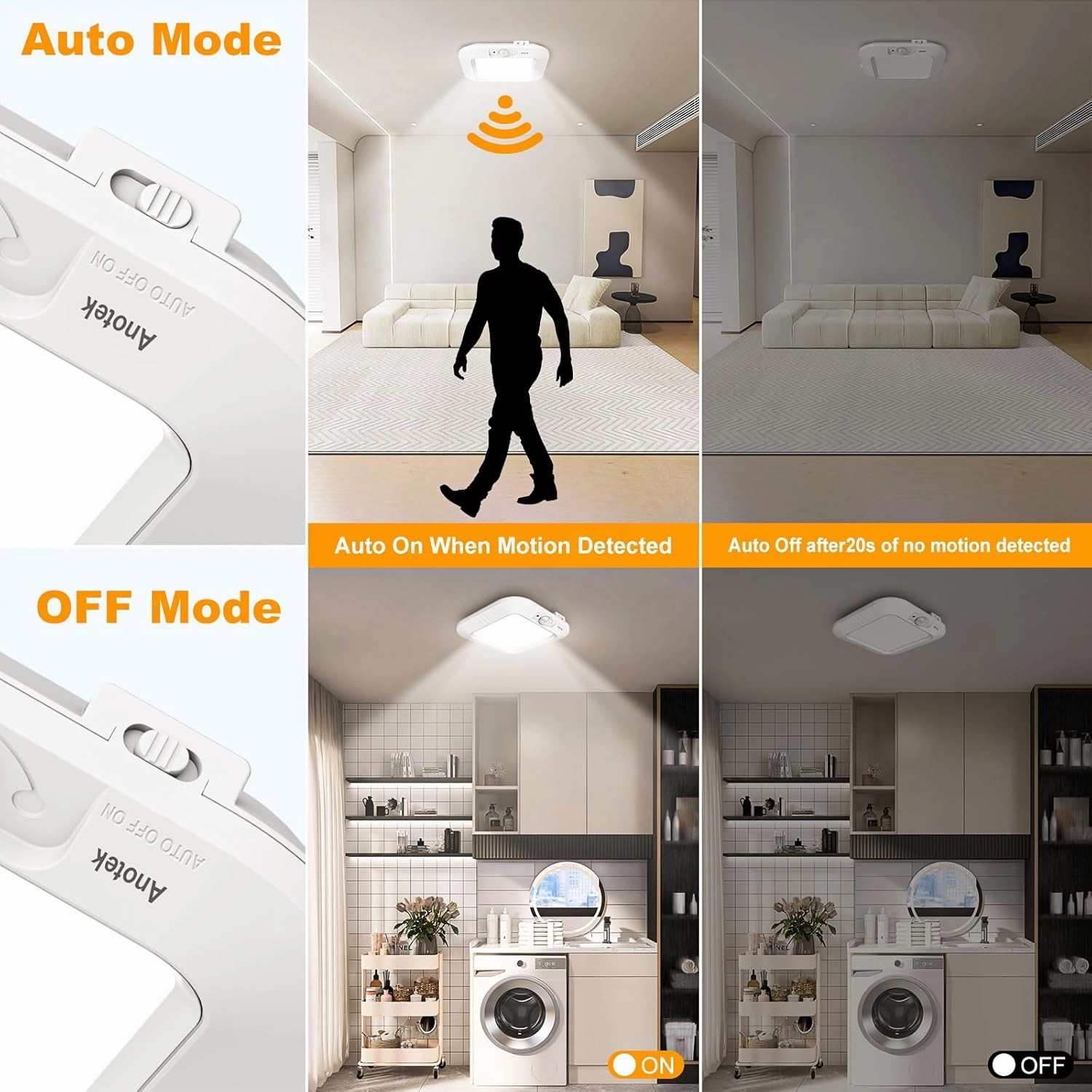 Motion Sensor Ceiling Light Battery Operated, 180LM 6000K Battery Closet Lights Motion Sensor, 48LED Wireless Ceiling Light Motion Activated for Pantry Cabinets Shed, Cool White,2-Pack