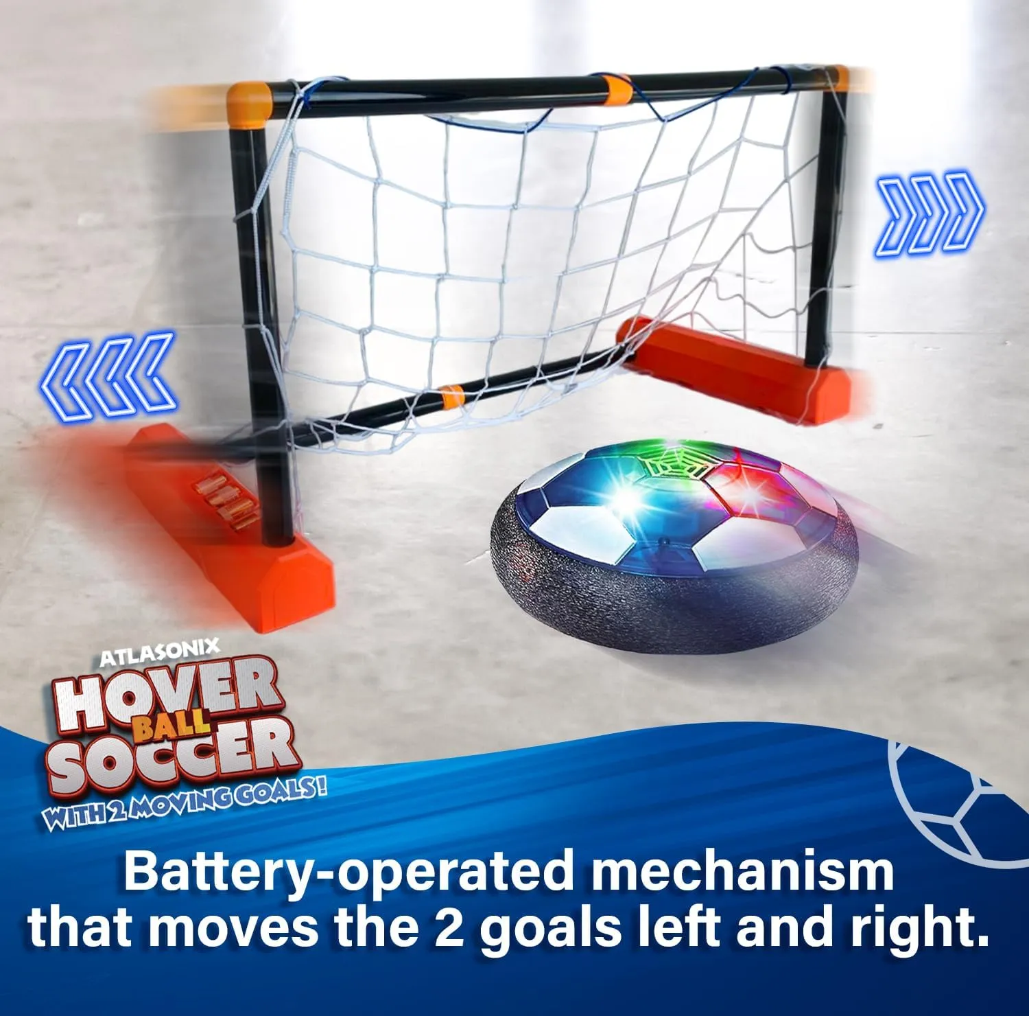 Moving Goals Hover Soccer Ball 4 Pack - 2 Air Floating LED Disk Balls and 2 Gliding Goals, Indoor Fun Game Sports Set, Birthday for Kids 5-7, 8-12, Soccer Toys for Boys and Girls