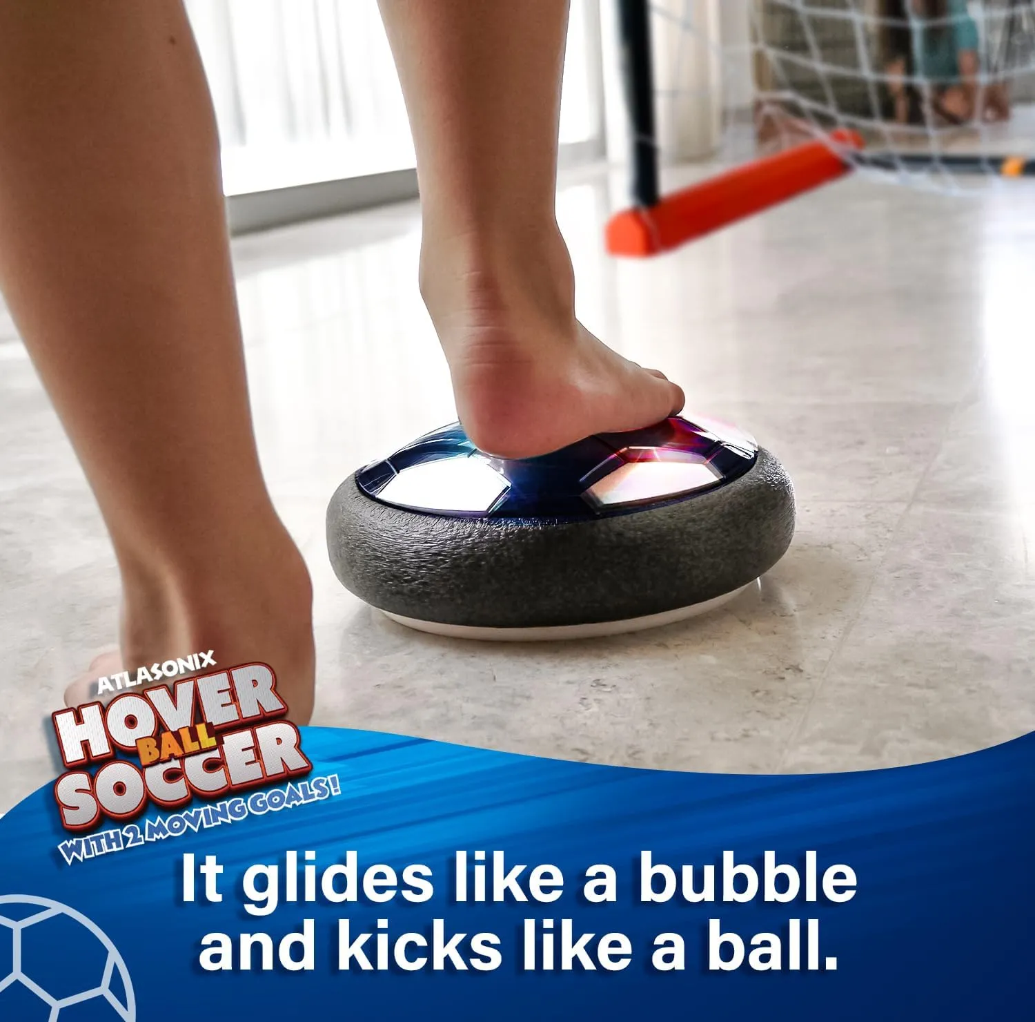 Moving Goals Hover Soccer Ball 4 Pack - 2 Air Floating LED Disk Balls and 2 Gliding Goals, Indoor Fun Game Sports Set, Birthday for Kids 5-7, 8-12, Soccer Toys for Boys and Girls