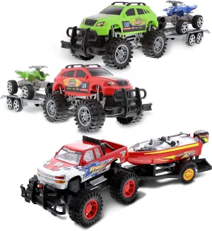 Mozlly Bundle of 2 Friction Powered Monster Trucks with ATV Trailer Playset, Push Powered Monster Truck with Speed Boat Transport Toys - Push & Go