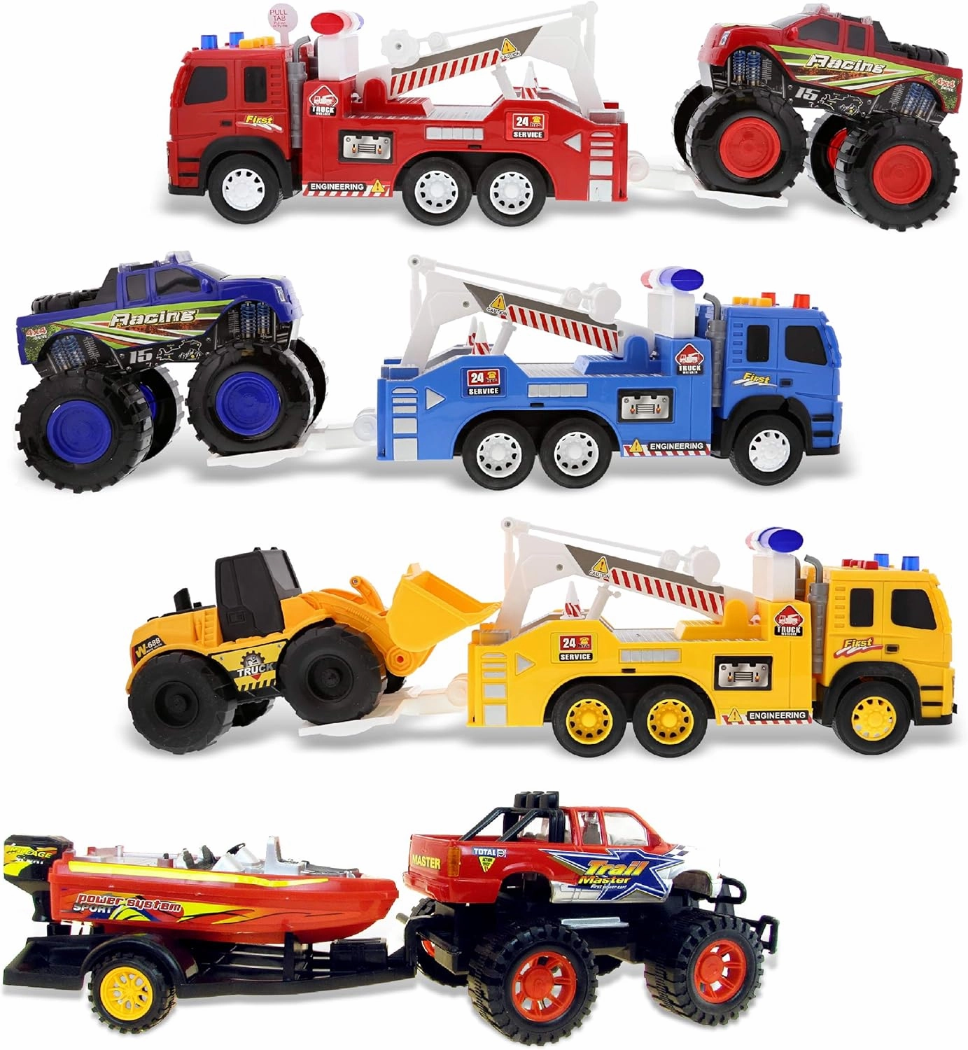Mozlly Bundle Pack of 4 Friction Powered Toy Trucks: 3 Emergency Tow Trucks with Sounds & Lights & 1 Monster Truck with Speed Boat Trailer - Push & Go Transport Toys - 4 Pc Set, Styles May Vary
