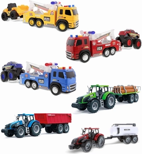Mozlly Friction Powered Transport Truck Toy Set – Includes 3 Emergency Tow Trucks with 3 Big Racing Trucks and Bulldozer, 3 Farm Tractor Cars with Water Tank, Log Hauler, Tractor – Style May Vary