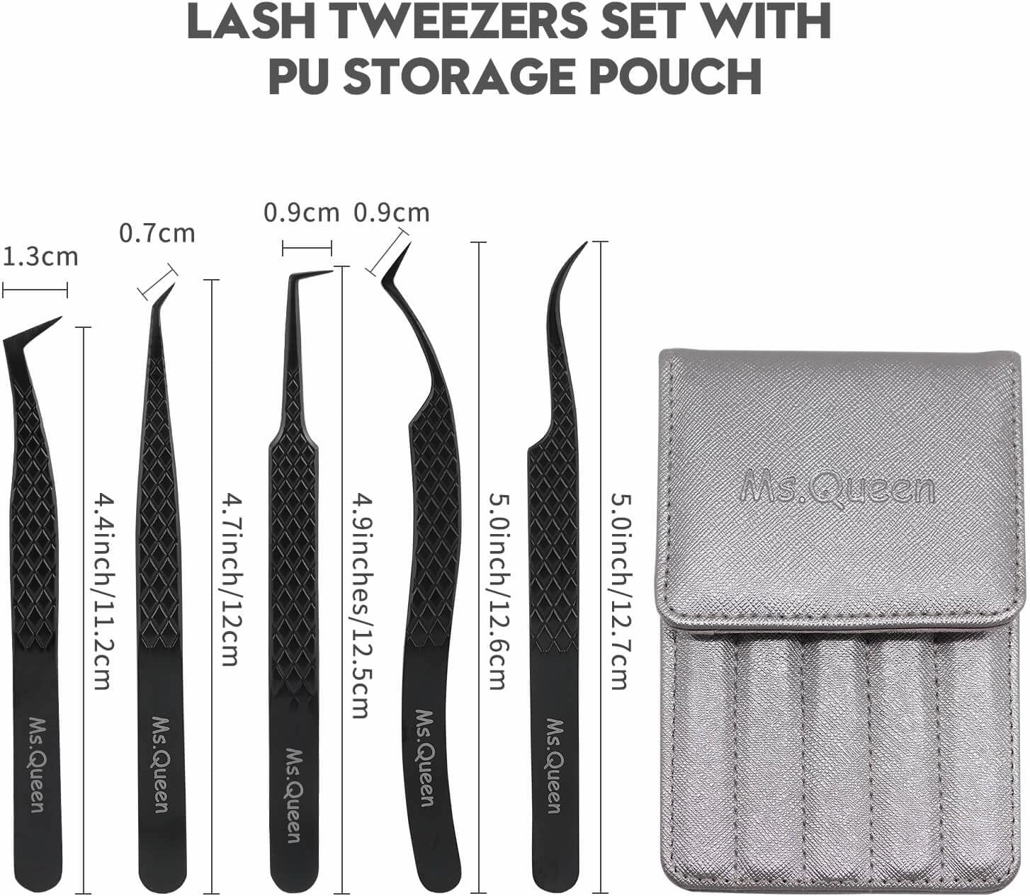 Ms.Queen Lash Tweezers for Eyelash Extensions,Set of 5,Fiber Tip Curved 45 90 Degree and L-Shape Boot Lash Tweezers for Mega Volume & Classic Lashes,Black