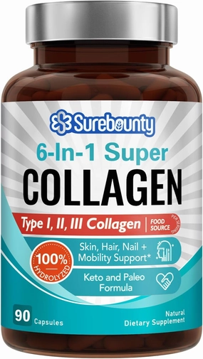 Multi Collagen Complex, Type I, II, III, 6-in-1 Super Collagen with Vitamin C, Hyaluronic Acid, Biotin, Turmeric, Black Pepper, Keto, 90 Capsules
