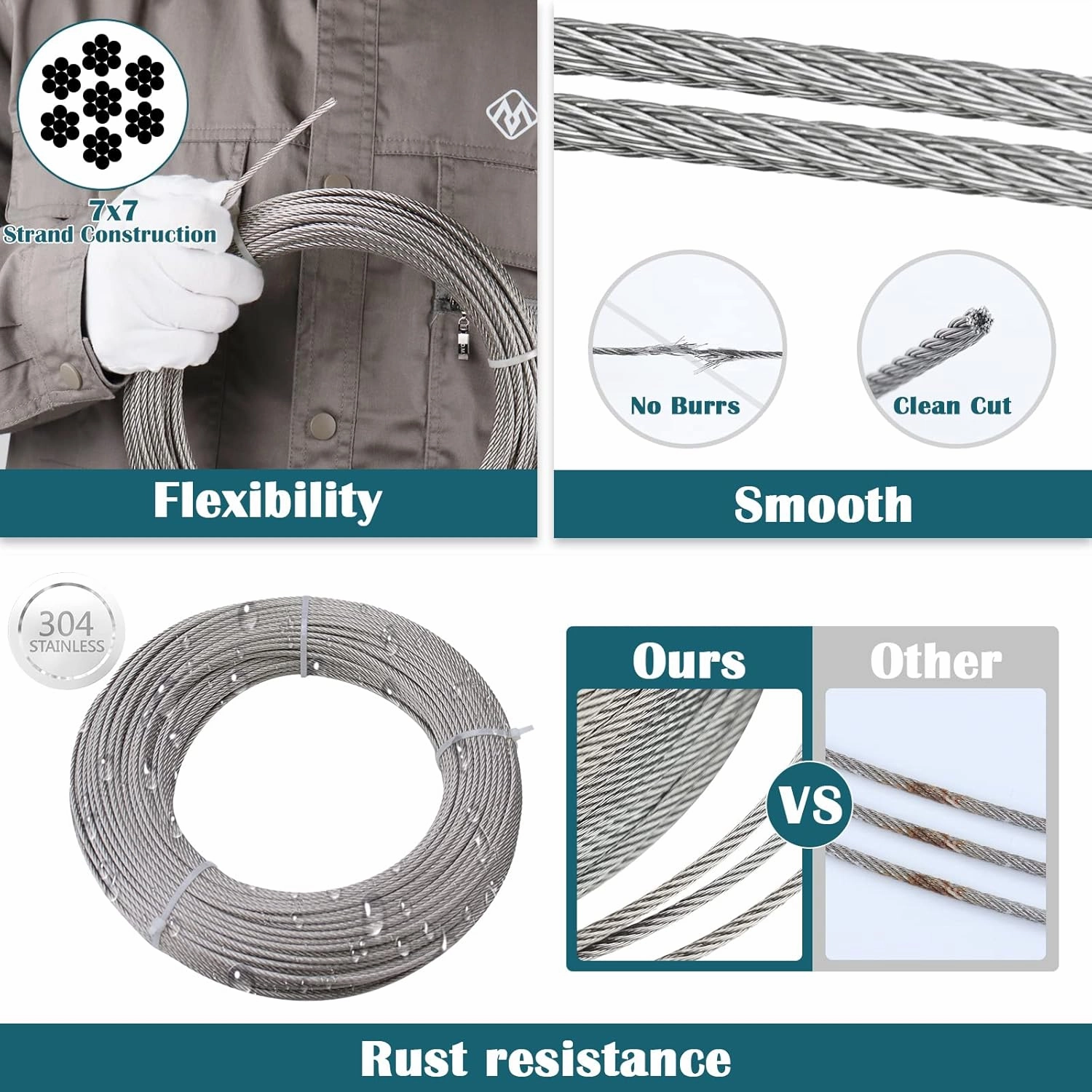 Muzata 150 ft 1/8" Stainless Steel Cable Railing System Hardware Wire Rope 7x7 Strands Deck Cable Railing Kit for Indoor Outdoor Hanging WR01
