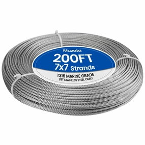 Muzata 200 ft 1/8" Stainless Steel Cable Railing System Hardware T316 Stainless Steel Wire Rope 7x7 Strands 1800 lb Breaking Strength Deck Cable Railing Kit for Indoor Outdoor Coastal WR02