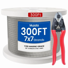 Muzata 300 ft 1/8" Stainless Steel Cable Railing System Hardware T316 Stainless Steel Wire Rope 7x7 1800 lb Breaking Strength Deck Cable Railing Kit with Wire Cutter for Indoor Outdoor Coastal WR02