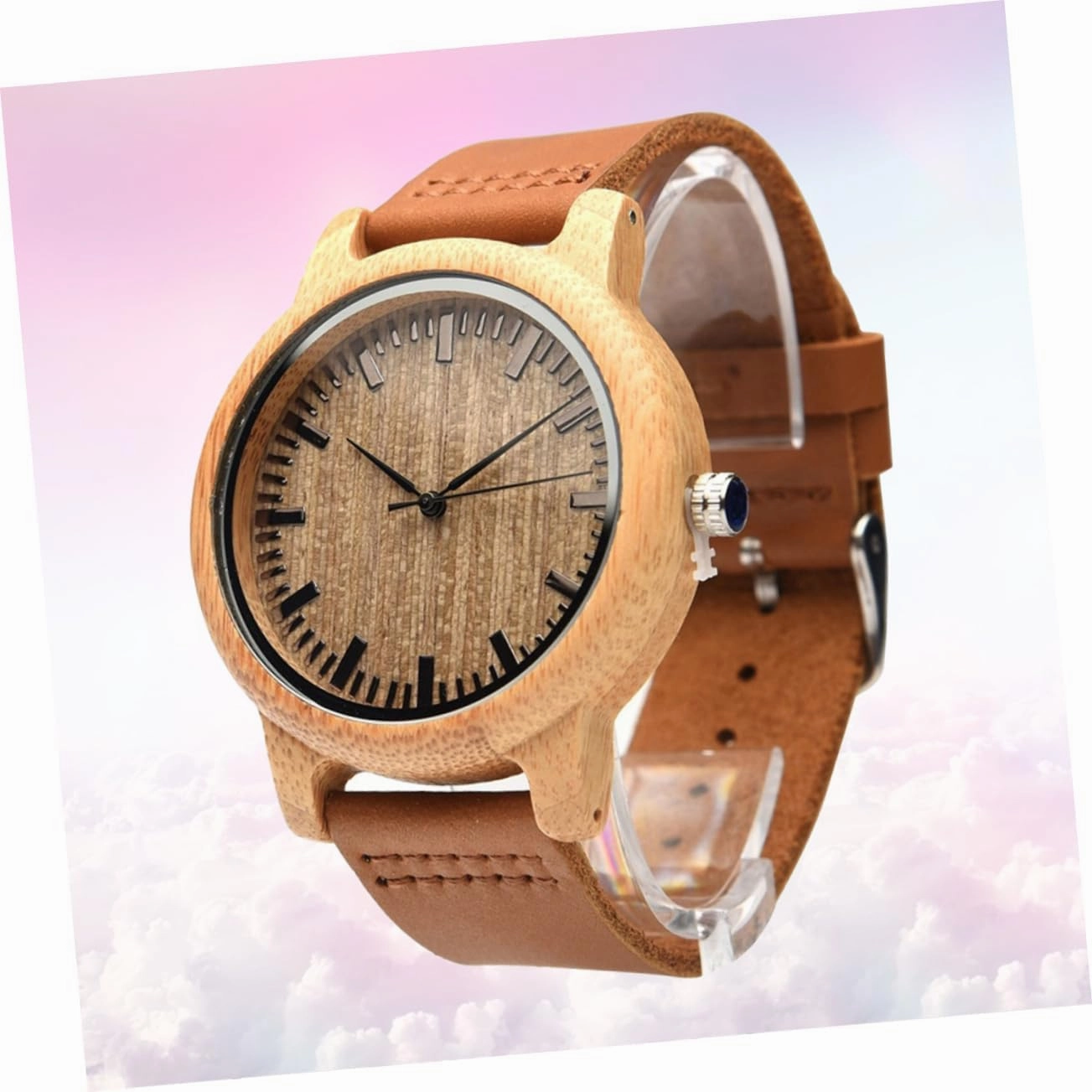 Natural Wooden Watch for Men with Leather Band Lightweight Casual Vintage Wristwatch Maple Surface with