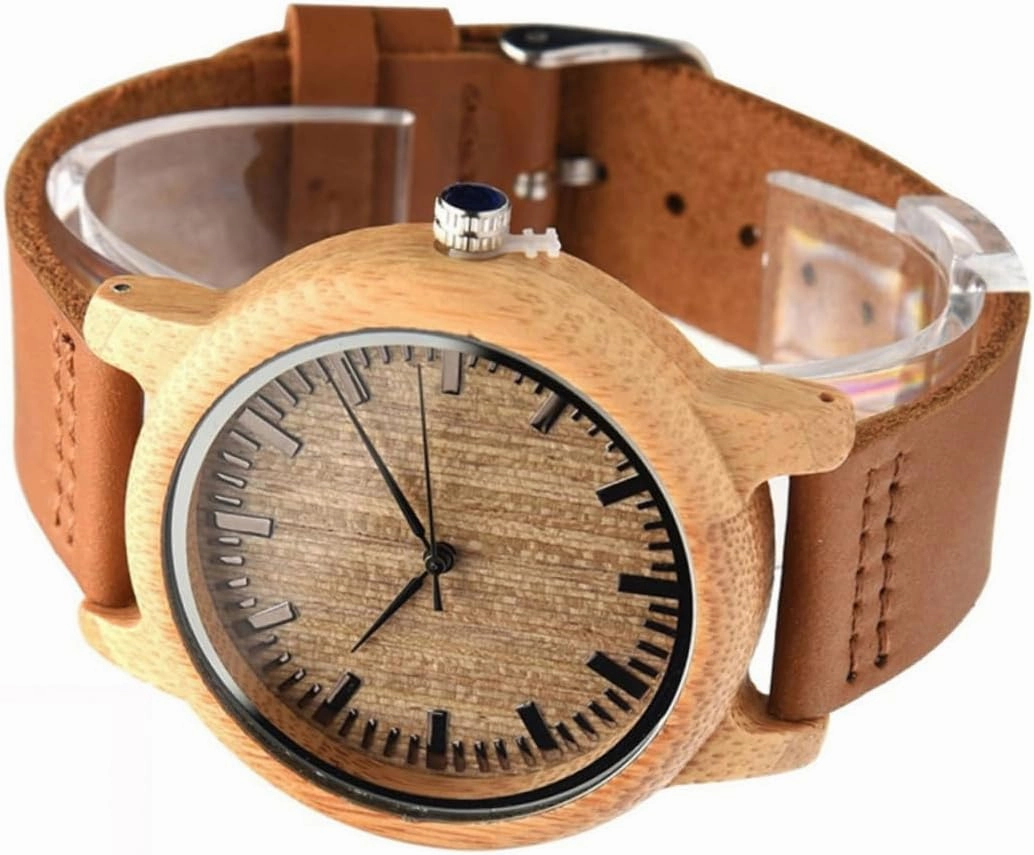 Natural Wooden Watch for Men with Leather Band Lightweight Casual Vintage Wristwatch Maple Surface with