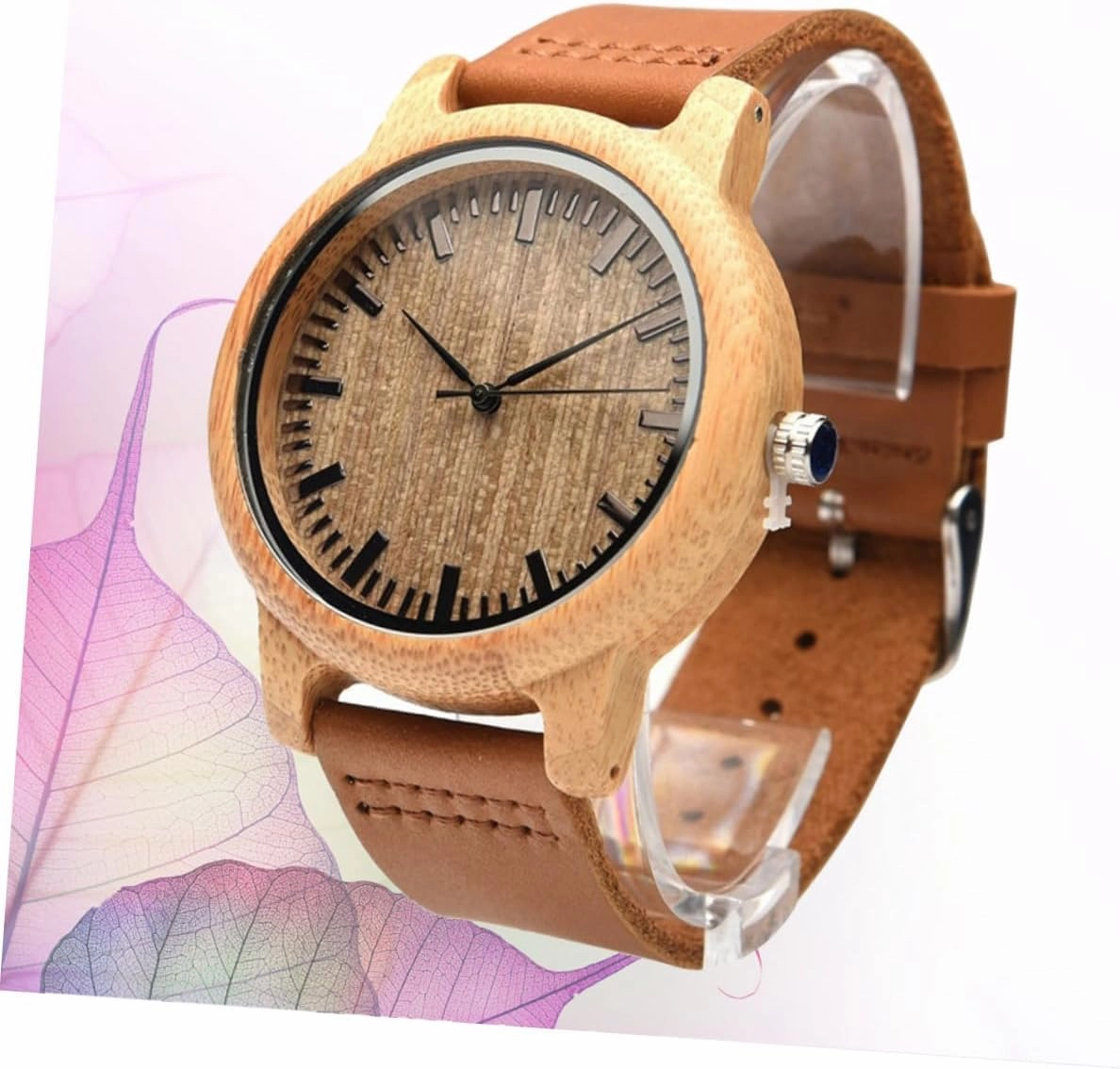 Natural Wooden Watch for Men with Leather Band Lightweight Casual Vintage Wristwatch Maple Surface with