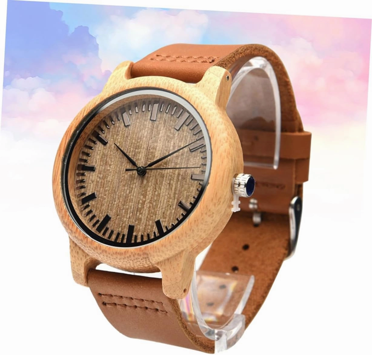Natural Wooden Watch for Men with Leather Band Lightweight Casual Vintage Wristwatch Maple Surface with