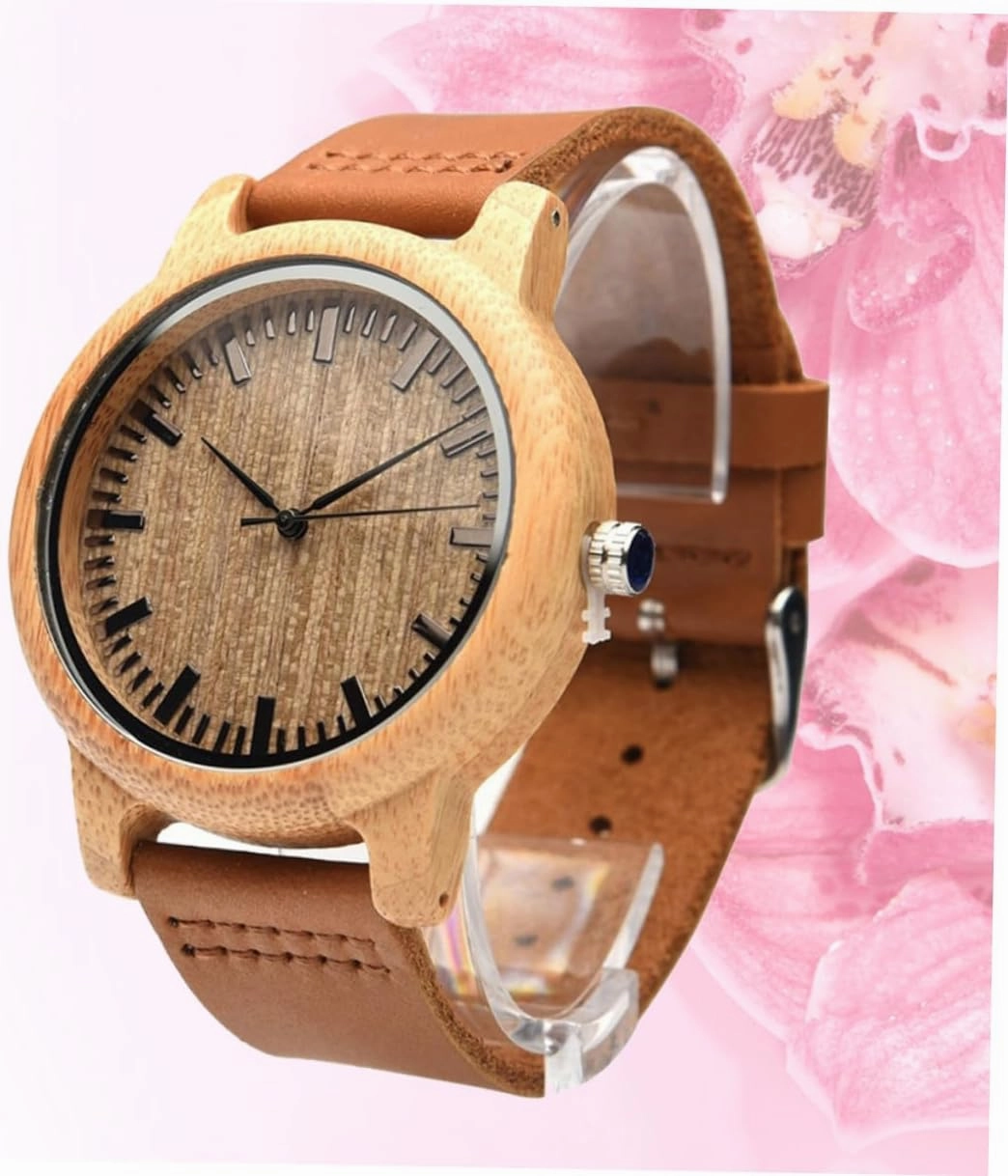 Natural Wooden Watch for Men with Leather Band Lightweight Casual Vintage Wristwatch Maple Surface with