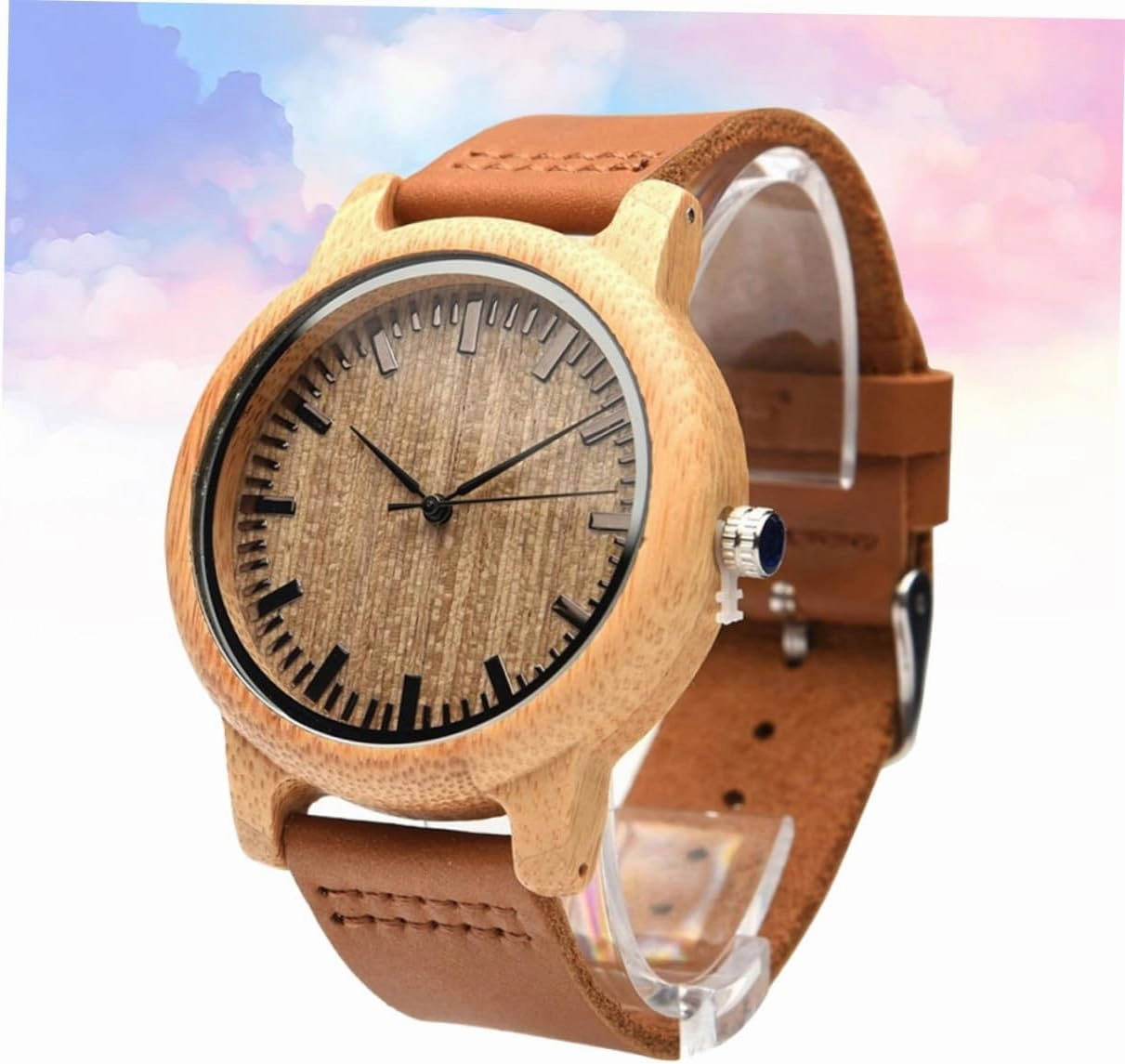 Natural Wooden Wristwatch for Men with Leather Band Vintage with Maple Face Lightweight Durable Casual