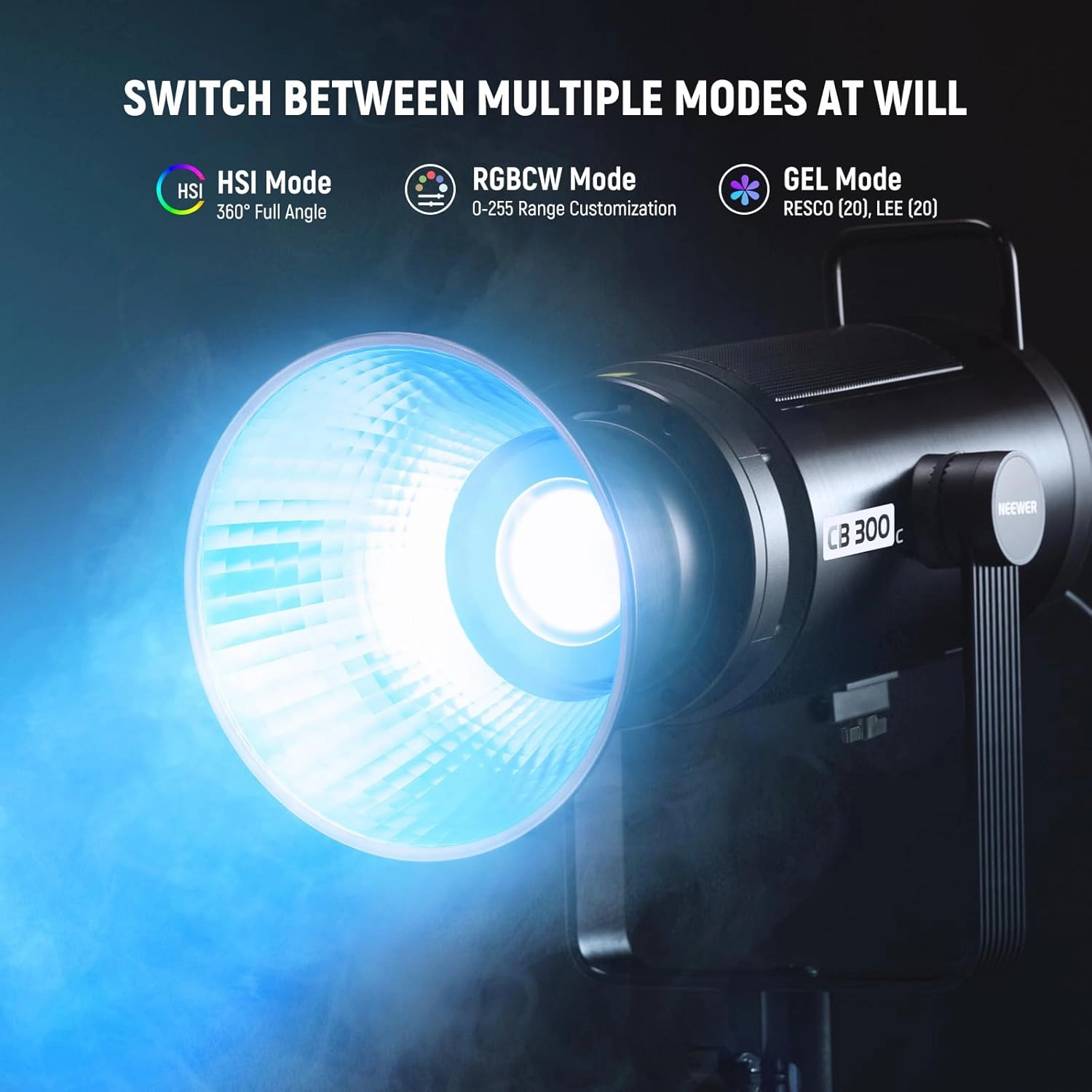 NEEWER CB 300C RGB LED Video Light with Reflector, 300W, APP/2.4G Control, 17 Scenes 29600Lux/1m 2500-7500K CRI97 /TLCI97  Full Color Bowens COB Continuous Output Lighting Dimmable for Studio Filming