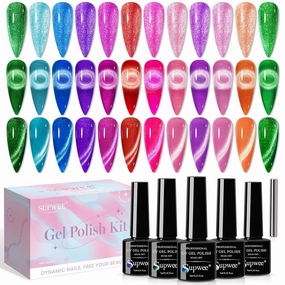 Neon Cat Eye Gel Polish Set with Magnetic, Sparkle Glitter Cateye Nail Polish Gel Holographic Magnetic Gels Polish Long Lasting Soak Off UV Gels for Professional Nail Salon or DIY at Home