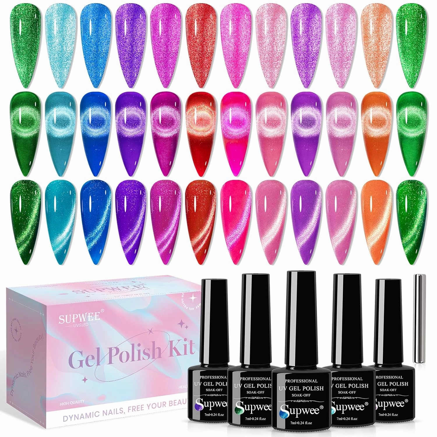 Neon Cat Eye Gel Polish Set with Magnetic, Sparkle Glitter Cateye Nail Polish Gel Holographic Magnetic Gels Polish Long Lasting Soak Off UV Gels for Professional Nail Salon or DIY at Home