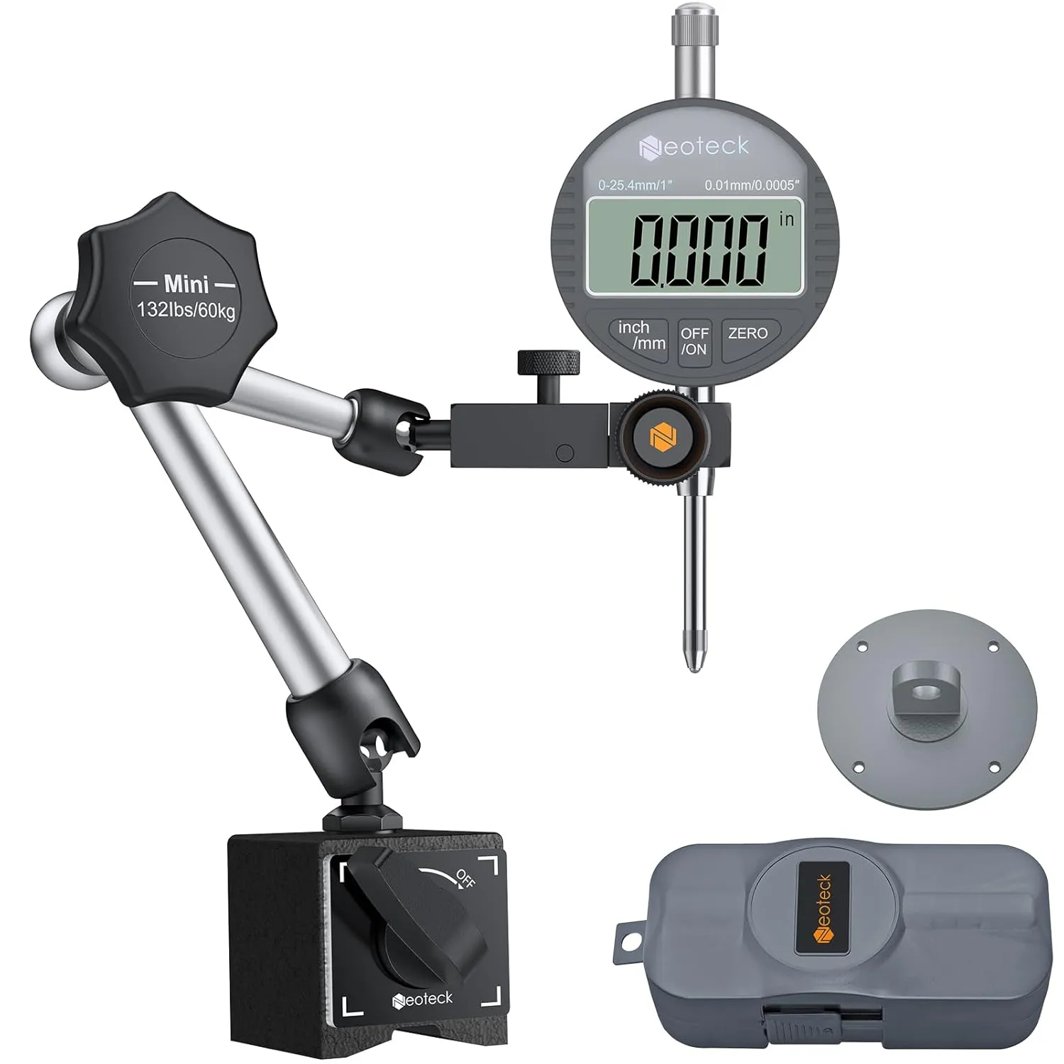 Neoteck 0-1”/0.0005" Digital Dial Indicator Gauge and 132 lbs (60kg) Max Pull Magnetic Base,Digital Dial Indicator Set with Inch/Metric Conversion for 3D Printer and CNC Machine