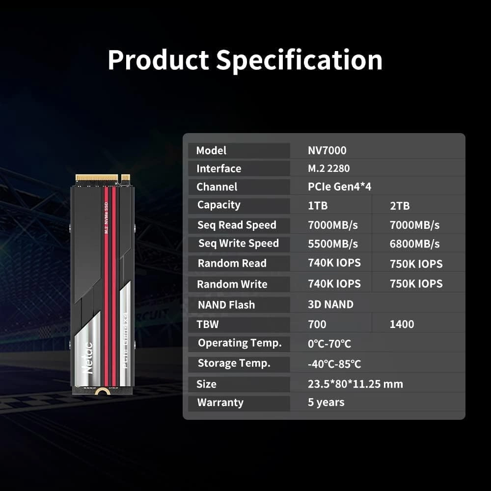 Netac 2TB PCIe 4.0 NVMe SSD M.2 2280 Internal Solid State Drive with Heatsink SLC Caching Speed up to 7,000MB/s High-Performance for PCs Desktop, Works with PS5, Heat Control Easy to Install- NV7000
