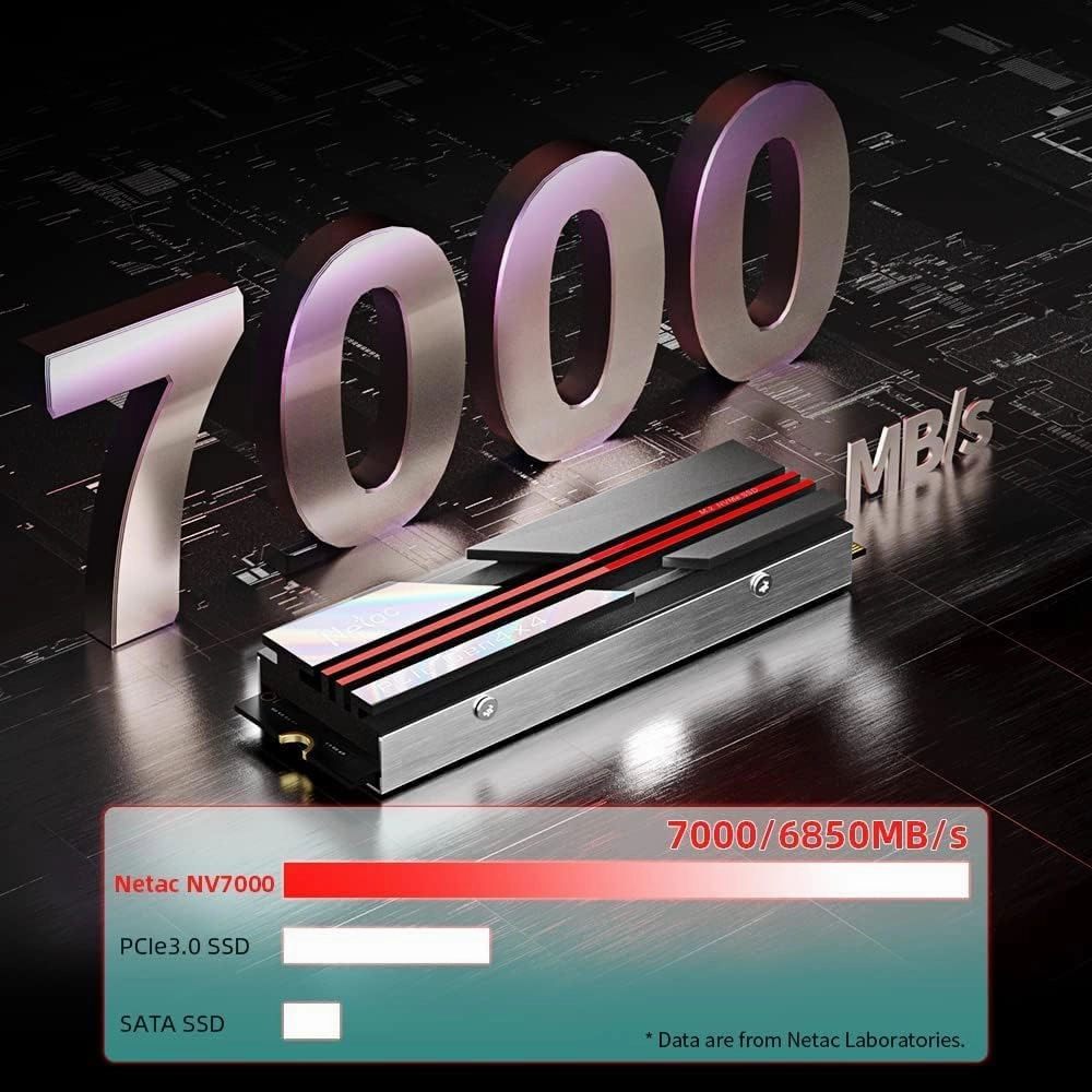 Netac 2TB PCIe 4.0 NVMe SSD M.2 2280 Internal Solid State Drive with Heatsink SLC Caching Speed up to 7,000MB/s High-Performance for PCs Desktop, Works with PS5, Heat Control Easy to Install- NV7000