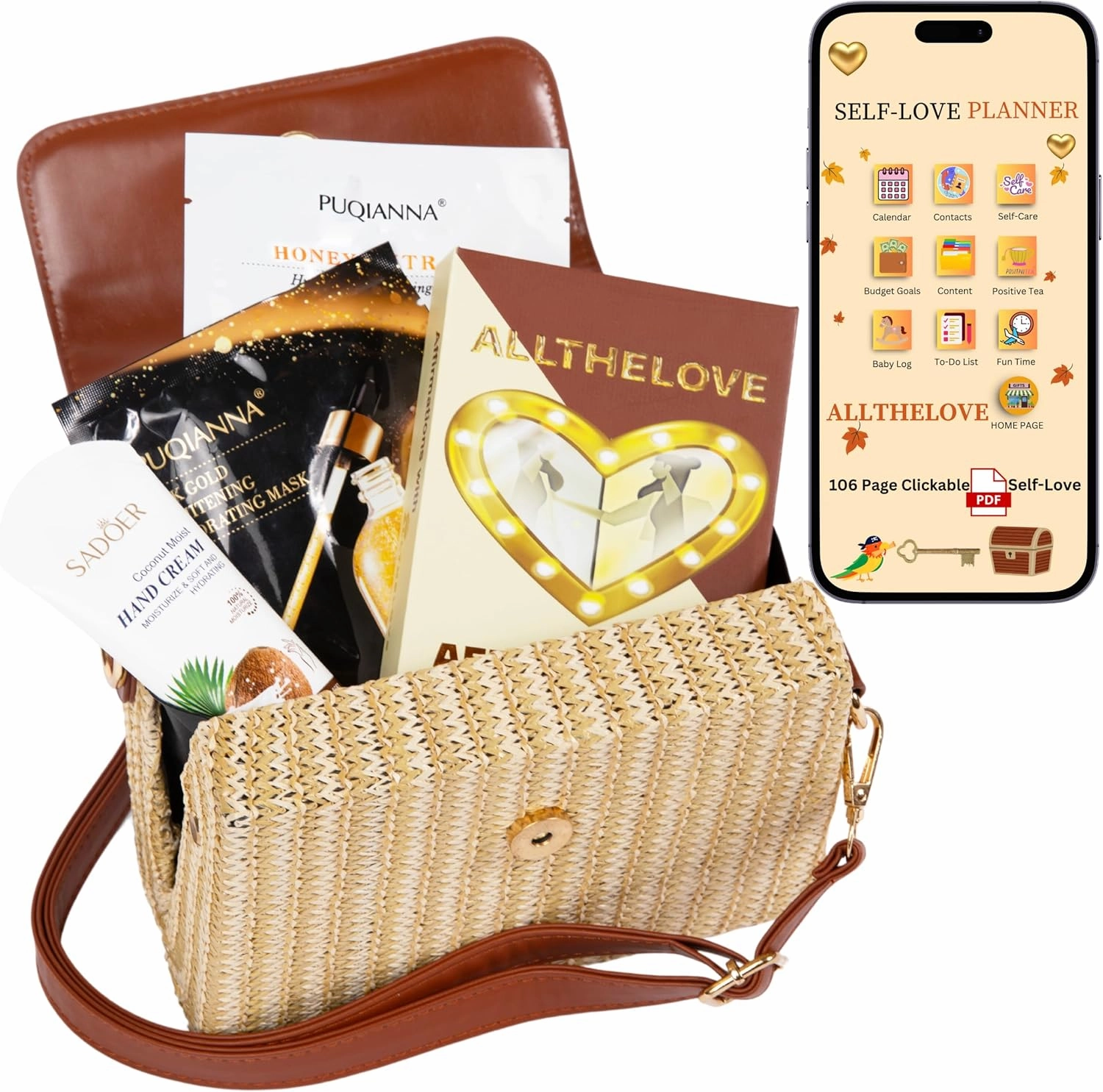 New Mom Spa Package – Luxury New Mom Care Set for Women with Chic Rattan Purse, Clickable Planner Download, Affirmation Cards, Hydrating Masks & Lotion – Thoughtful Gift for New Moms