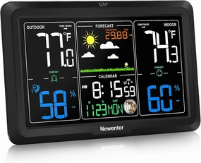 Newentor Weather Station Wireless Indoor Outdoor, Indoor Outdoor Thermometer Wireless, 7.5" Home Weather Stations with Atomic Clock, Temperature Humidity Gauge, Weather Forecast and Barometer, Black