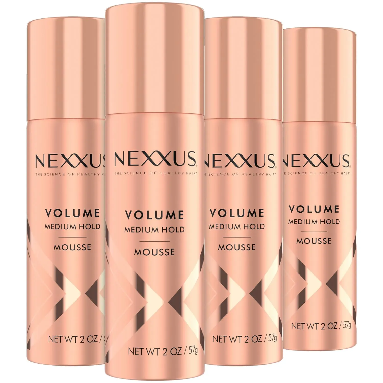 Nexxus Travel Mousse, Volume Medium Hold 4-Pack – 72-Hour Anti-Humidity Shield, 48-Hour Frizz Control, Rose Fragrance, 2 Oz Ea