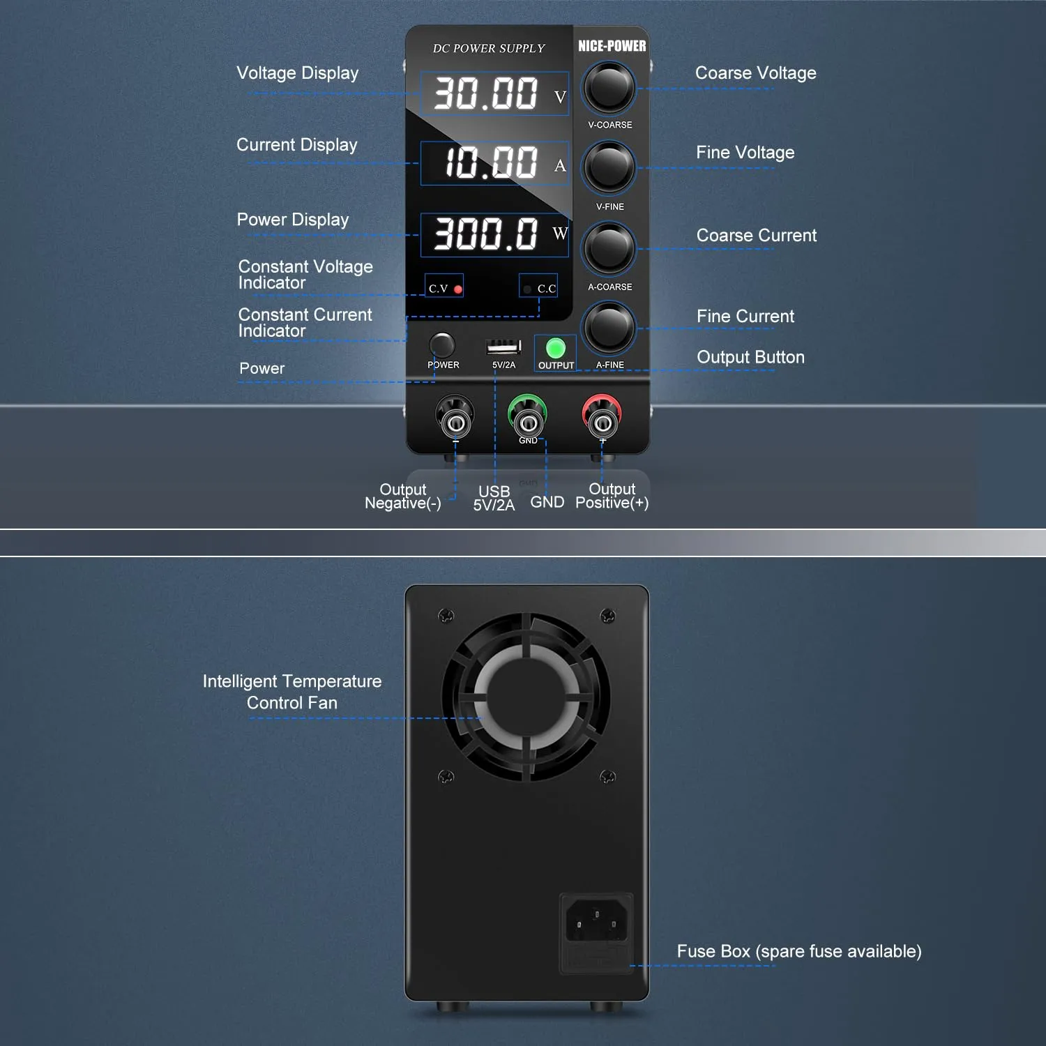 NICE-POWER DC Power Supply Variable 30V 10A, Adjustable Switching Regulated DC Bench Power Supply with Output Switch High Precision 4-Digit LED Display, Benchtop Lab Power Supplies with 5V/2A USB Port