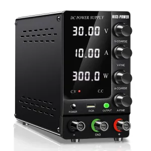 NICE-POWER DC Power Supply Variable 30V 10A, Adjustable Switching Regulated DC Bench Power Supply with Output Switch High Precision 4-Digit LED Display, Benchtop Lab Power Supplies with 5V/2A USB Port
