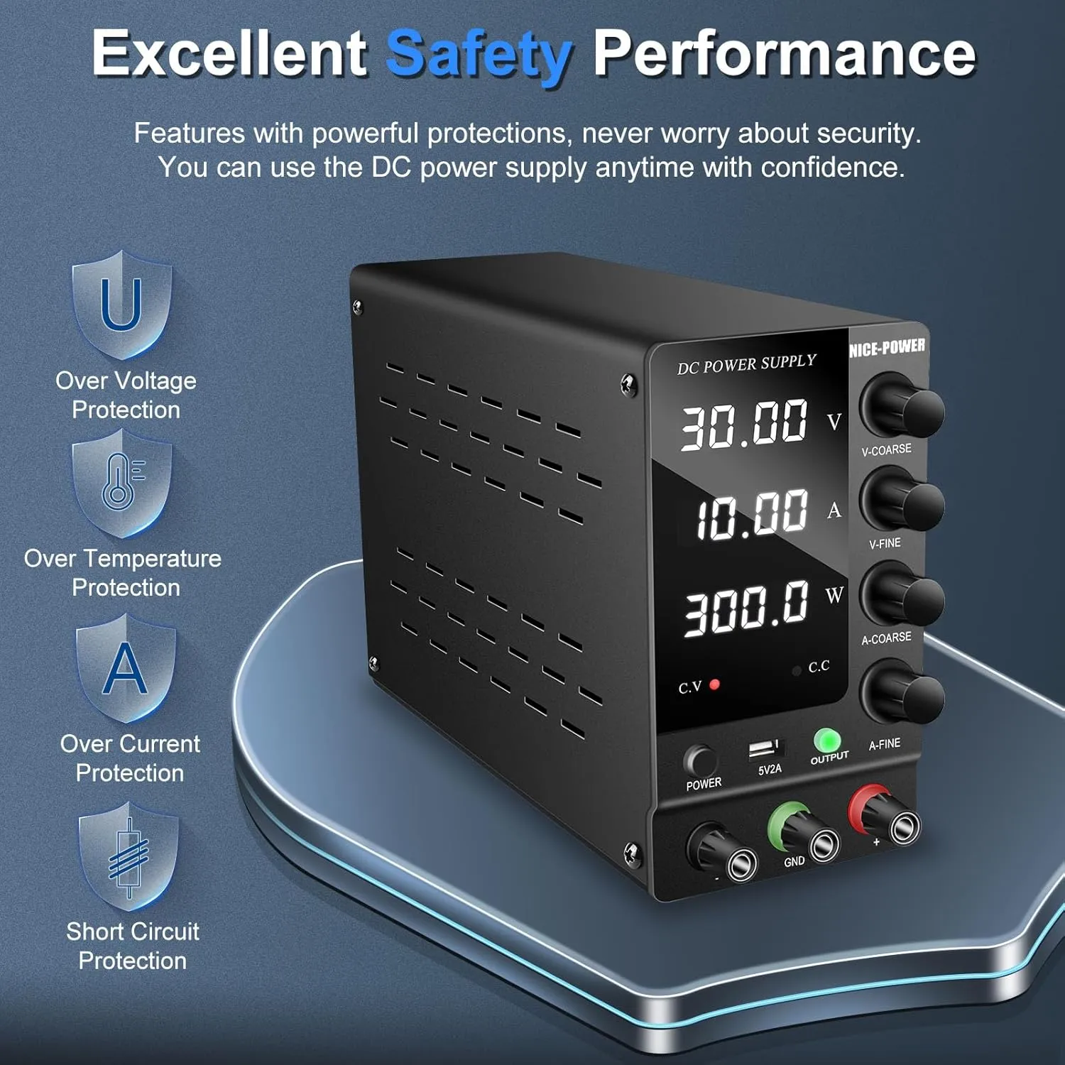 NICE-POWER DC Power Supply Variable 30V 10A, Adjustable Switching Regulated DC Bench Power Supply with Output Switch High Precision 4-Digit LED Display, Benchtop Lab Power Supplies with 5V/2A USB Port