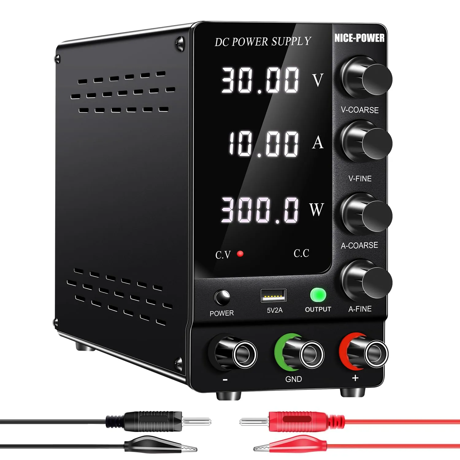 NICE-POWER DC Power Supply Variable 30V 10A, Adjustable Switching Regulated DC Bench Power Supply with Output Switch High Precision 4-Digit LED Display, Benchtop Lab Power Supplies with 5V/2A USB Port