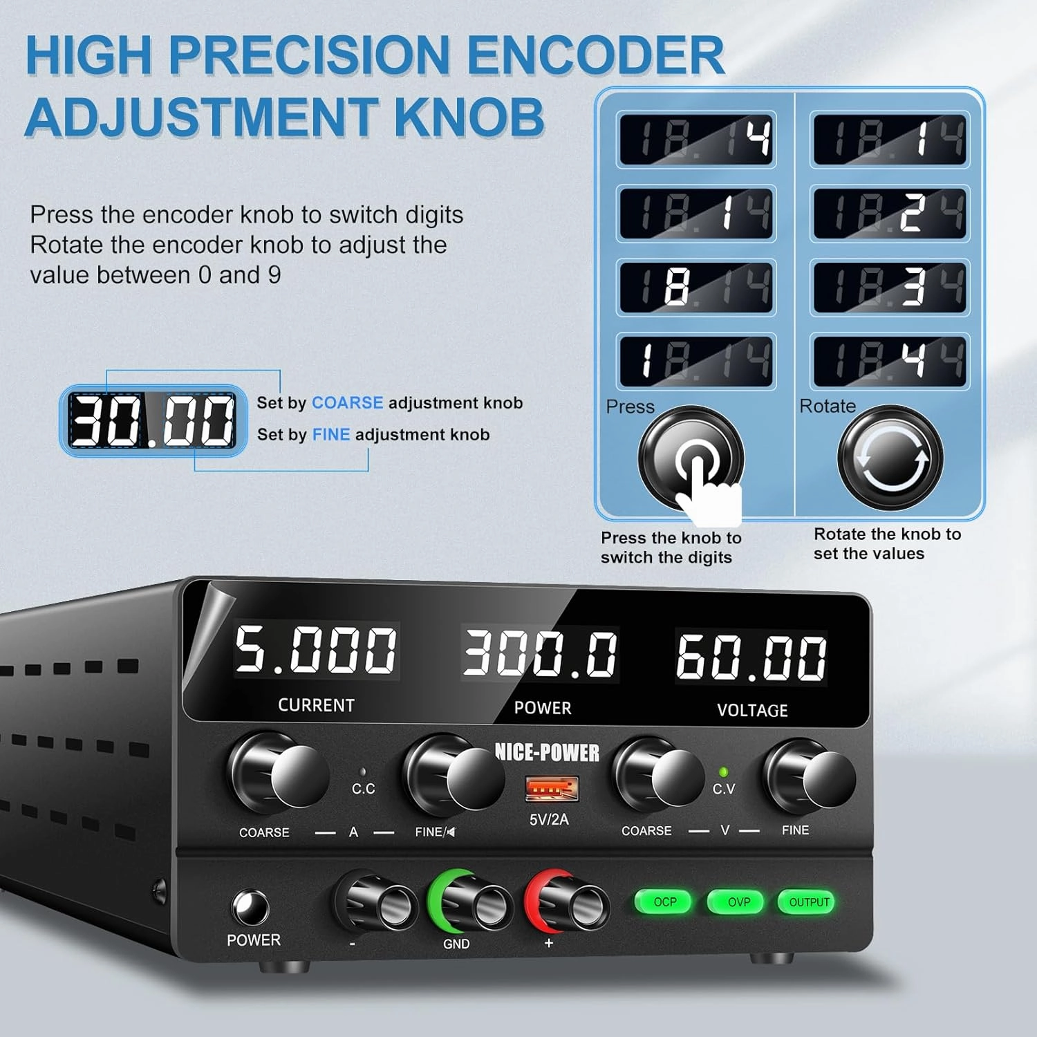 NICE-POWER DC Power Supply Variable 60V 5A, 300W Encoder Adjustable Switching Regulated High Precision 4-Digits LED Display 5V/2A USB Port Bench Lab Power Supplies with OCP OVP Output Button