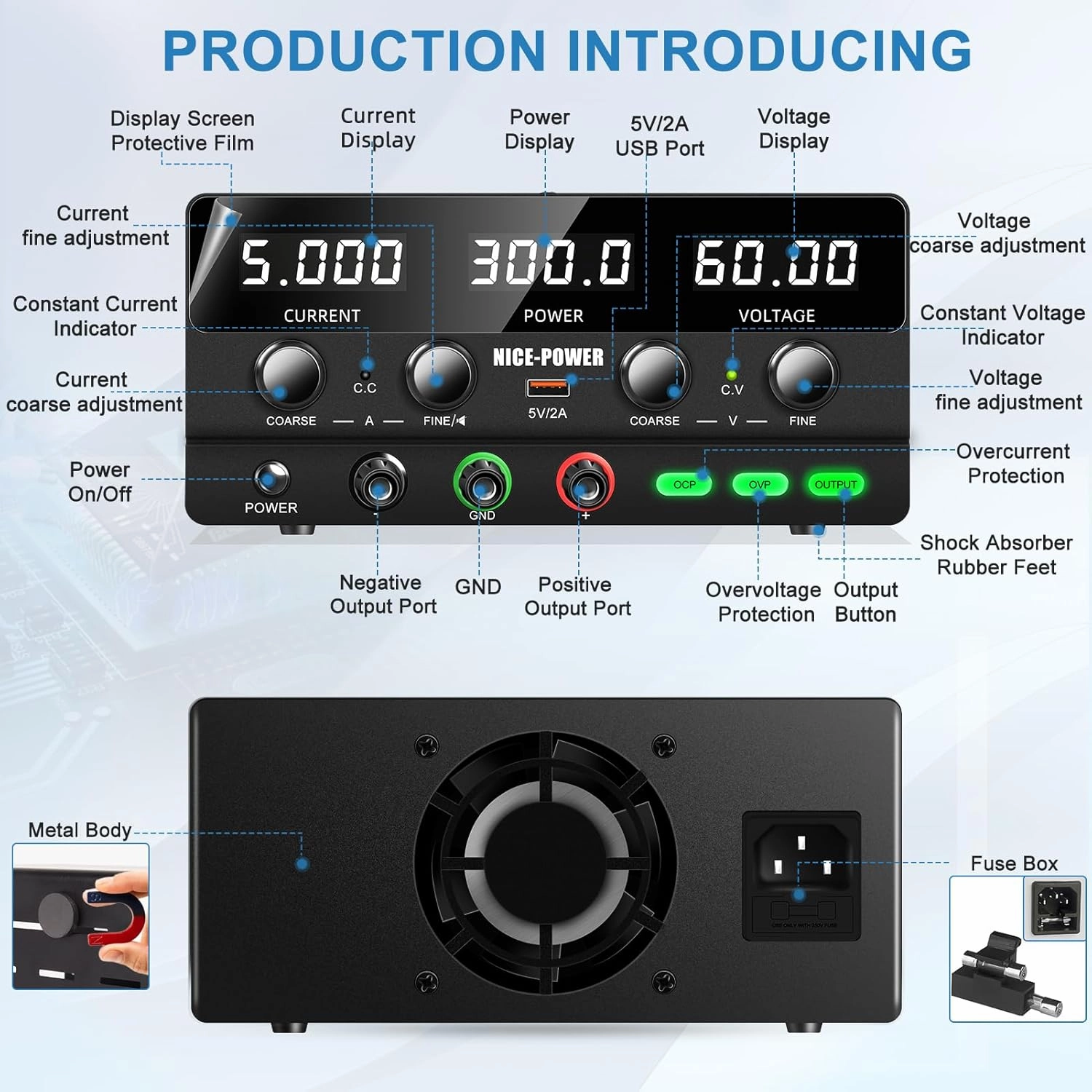 NICE-POWER DC Power Supply Variable 60V 5A, 300W Encoder Adjustable Switching Regulated High Precision 4-Digits LED Display 5V/2A USB Port Bench Lab Power Supplies with OCP OVP Output Button