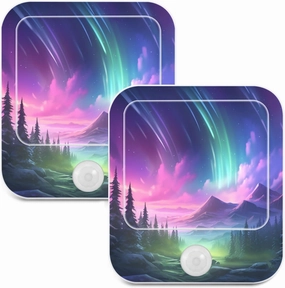 Night Light 2 Pack, Starry Sky Aurora View Plug-in LED Night Lamp Auto Motion Sensor Dusk-to-Dawn Nightlights Bedroom Bathroom Toilet Wall Decorative