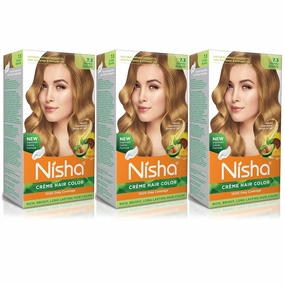 Nisha Creme Permanent Hair Color 100 percent Gray Coverage Hair Dye Easy to Apply Long Lasting Hair Colouring For Ultra Soft Deep Shine Conditioning With Natural Herbs Pack of 3 (Honey Blonde)