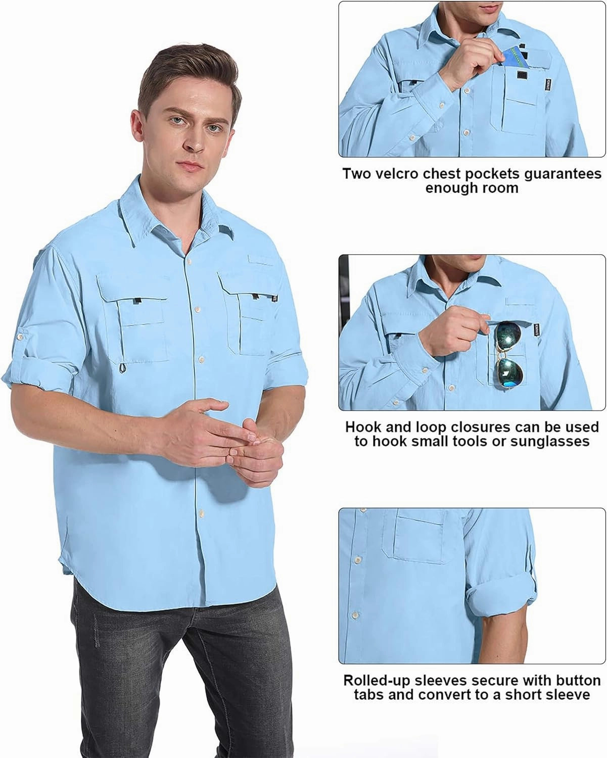 NOMINATE Mens Long Sleeve Fishing Shirts UPF 50  UV Protection Sun Shirts Quick Drying Hiking Lightweight