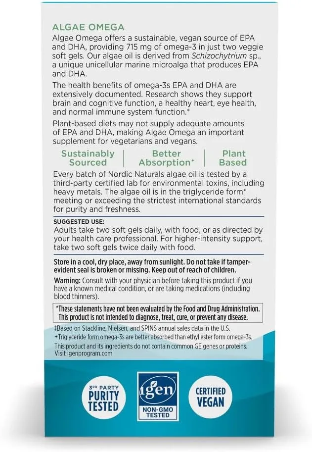 Nordic Naturals Algae Omega - 90 Soft Gels - 715 mg Omega-3 - Certified Vegan Algae Oil - Plant-Based EPA & DHA - Heart, Eye, Immune & Brain Health - Non-GMO - 45 Serving