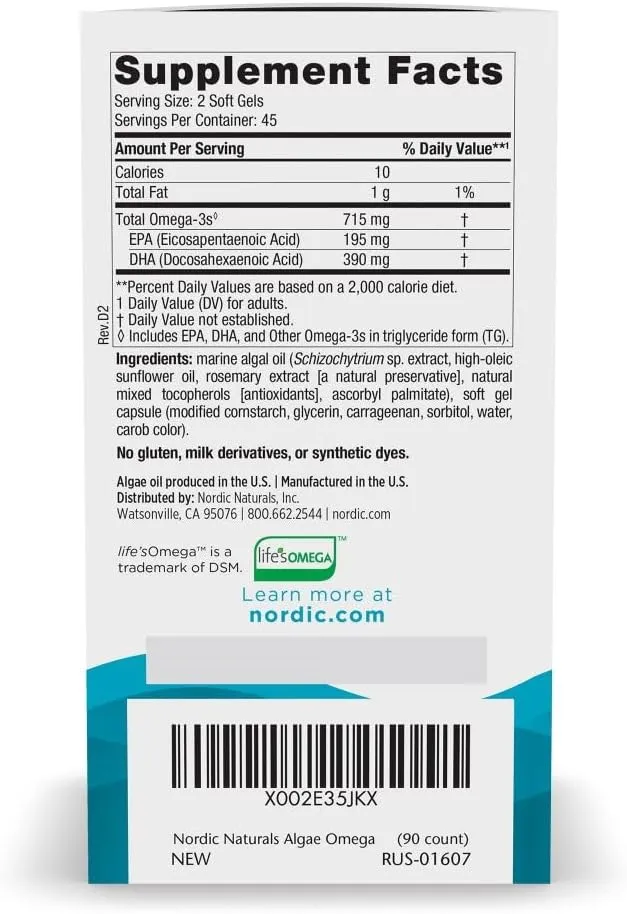 Nordic Naturals Algae Omega - 90 Soft Gels - 715 mg Omega-3 - Certified Vegan Algae Oil - Plant-Based EPA & DHA - Heart, Eye, Immune & Brain Health - Non-GMO - 45 Serving