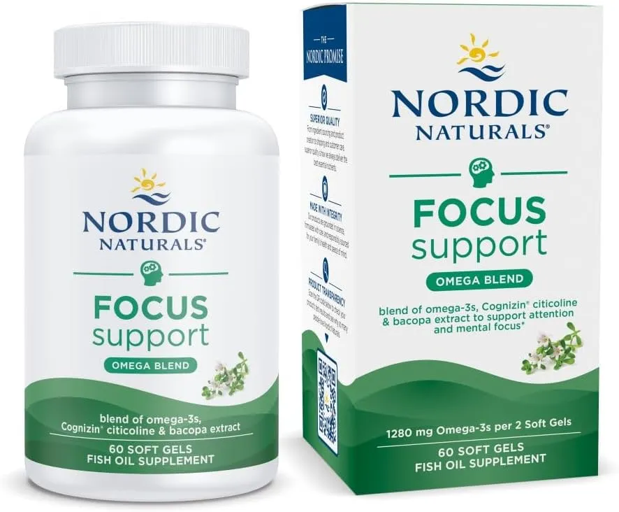 Nordic Naturals Omega Focus, Lemon - 60 Soft Gels - 1280 mg Omega-3   Citicoline & Bacopa Monnieri Extract - Focus, Attention, Memory, Brain Health - Non-GMO - 30 Servings