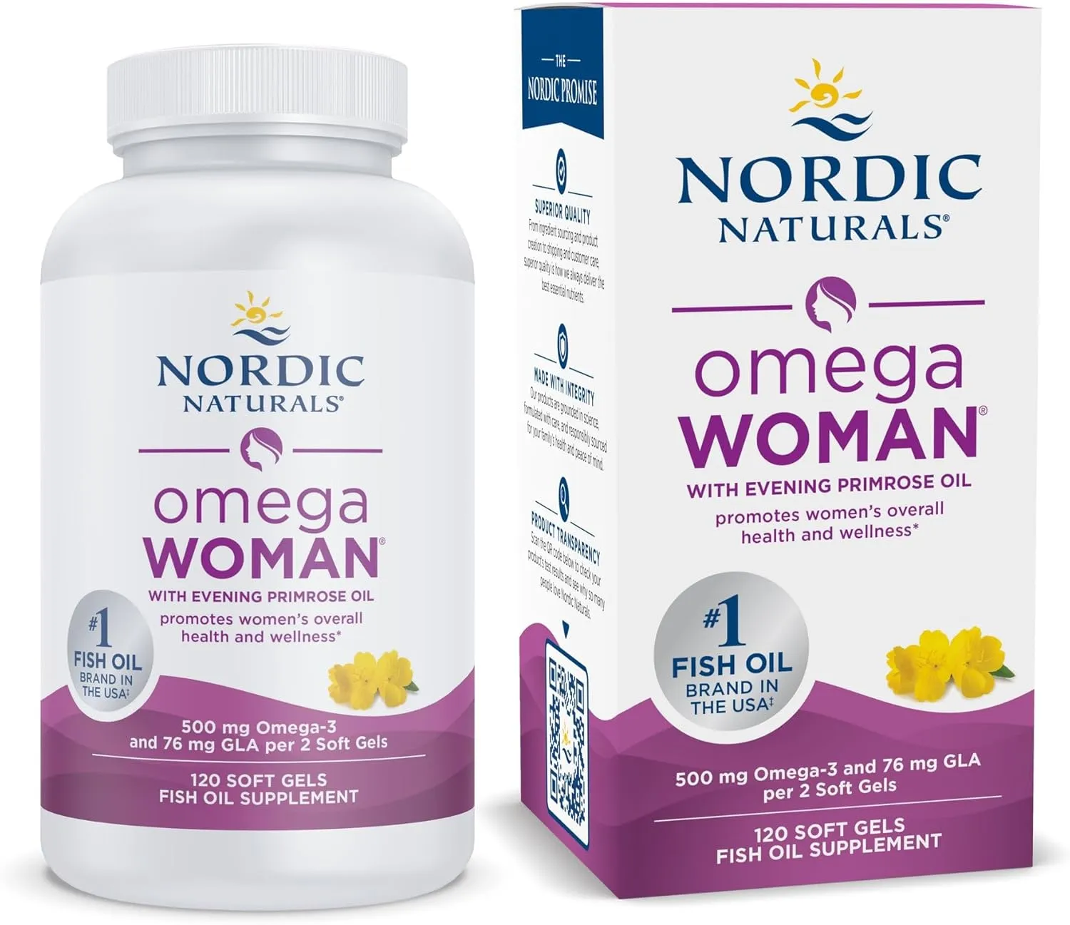 Nordic Naturals Omega Woman, Lemon - 120 Soft Gels - 500 mg Omega-3   800 mg Evening Primrose Oil - Healthy Skin & Optimal Wellness - Non-GMO - 60 Servings
