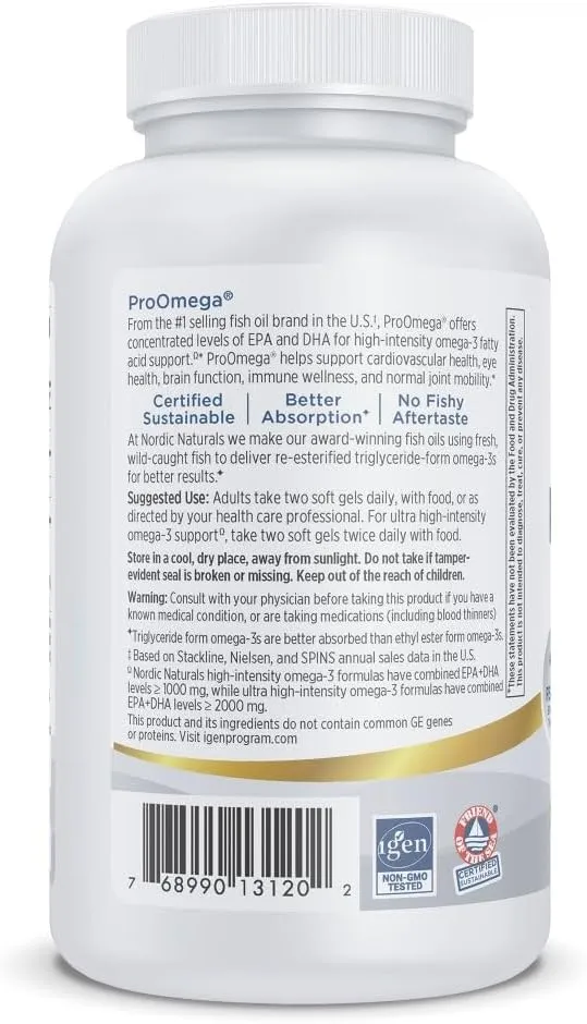 Nordic Naturals ProOmega, Lemon Flavor - 120 Soft Gels - 1280 mg Omega-3 - High Potency Fish Oil with EPA & DHA - Promotes Brain, Eye, Heart, & Immune Health - Non-GMO - 60 Servings