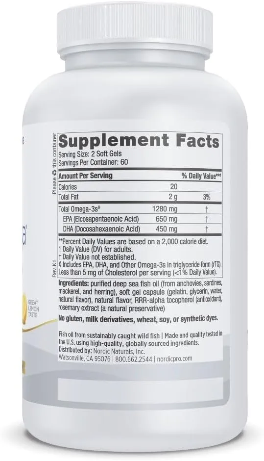 Nordic Naturals ProOmega, Lemon Flavor - 120 Soft Gels - 1280 mg Omega-3 - High Potency Fish Oil with EPA & DHA - Promotes Brain, Eye, Heart, & Immune Health - Non-GMO - 60 Servings
