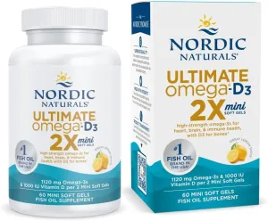 Nordic Naturals Ultimate Omega 2X Mini D3, Lemon Flavor - 60 Mini Soft Gels - 1120 mg Omega-3   1000 IU Vitamin D3 - EPA & DHA - Promotes Brain & Heart Health - 30 Servings
